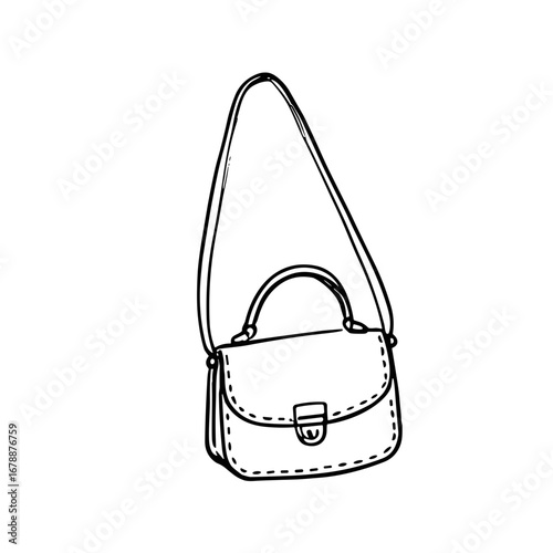 Stylish hand-drawn handbag design with shoulder strap and clasp black and white sketch style vector illustration on transparent background  