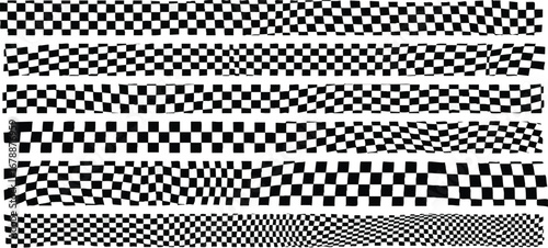Dynamic checkered patterns transform with wavy, distorted effects for racing or abstract designs
