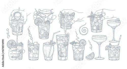 Vector Icons Set of Hand drawn sketch collection of various cocktail drinks. EPS Editable