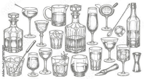 Vector Icons Set of Hand drawn sketch collection of alcoholic drinks and barware. EPS Editable