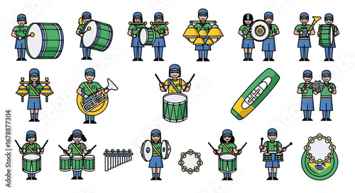Vector Icons Set of Marching Band Drumline Percussion Character Illustrations Set. EPS Editable