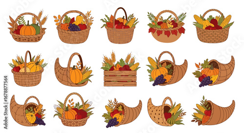 Vector Icons Set of Set of autumn harvest baskets and cornucopias with seasonal produce. EPS Editable