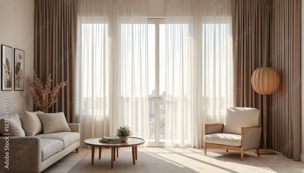Fototapeta premium Neutral soft taupe curtains add warmth, understated modern elegance to sunlit living room. Sheer white drapes over large window diffuse daylight, creating serene atmosphere. Beige sofa, armchair,
