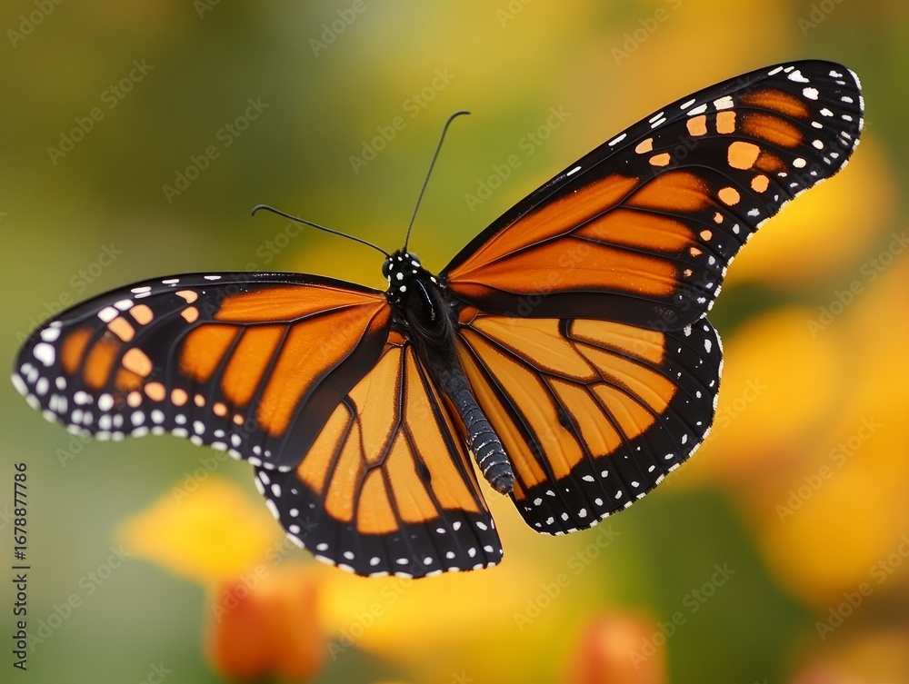Fototapeta premium Close-up of a Monarch butterfly in mid-flight, its wings gracefully spread wide 
