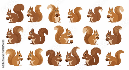 Vector Icons Set of Set of cute cartoon squirrels in various poses holding acorns. EPS Editable