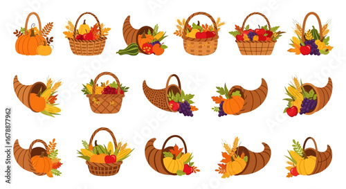 Vector Icons Set of Set of Thanksgiving Cornucopia and Autumn Harvest Baskets. EPS Editable