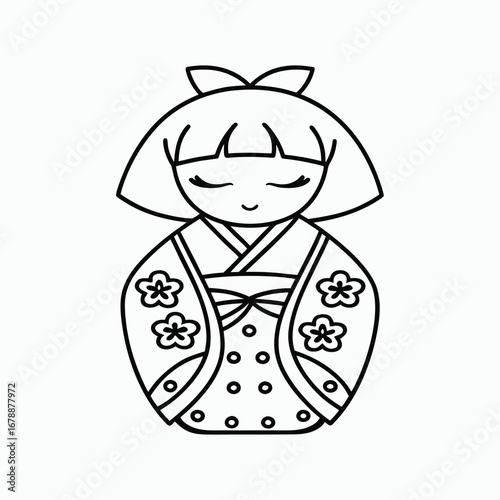 Cute Japanese Geisha Doll Coloring Page Outline Vector Illustration