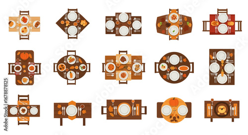 Vector Icons Set of Top View Dining Tables and Chairs Set Vector Illustration Collection. EPS Editable