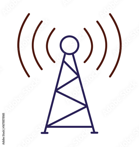 Radio or cell tower with signal waves,Broadcasting and network symbol in line art style