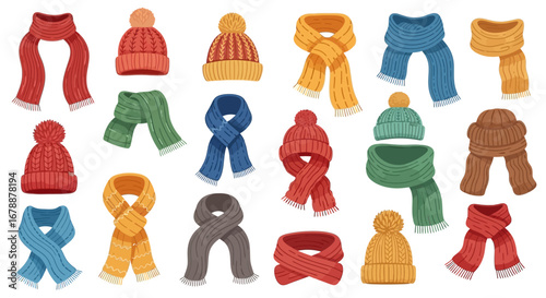 Vector Icons Set of Vector Set of Colorful Knitted Winter Hats and Scarves. EPS Editable