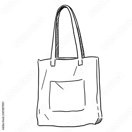 Simple tote bag design with shoulder straps and front pocket black and white sketch style vector illustration on transparent background  