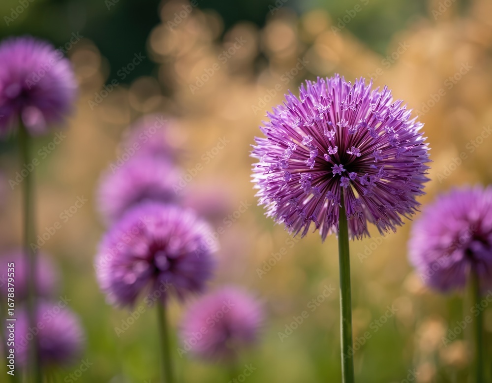 Fototapeta premium Vibrant purple allium blooms in a sun tanned summer garden. Golden flora surrounds the spherical flowers. Gentle breeze makes blooms dance in this peaceful, rural landscape with soft sunlight.