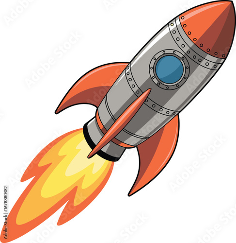 Cartoon rocket flying with flames, space shuttle illustration, colorful rocket ship design, science technology, spaceship launch, futuristic vehicle, space exploration, aerospace concept