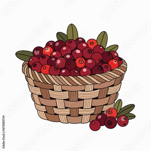 Basket full of fresh red berries and leaves