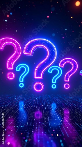 Neon question marks on a digital backdrop
