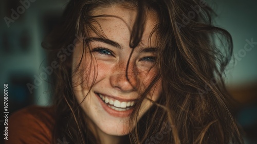 Radiant Joyful Woman with Freckles and Loose Hair