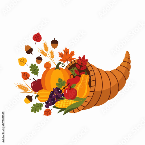 Abundant Cornucopia filled with Autumn Harvest Fruits Vegetables and Grains