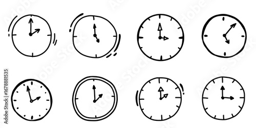 Hand drawn alarm clock stopwatch time measurement doodle. Simple Comic washes icon element collection.Vector arrow timer illustration.