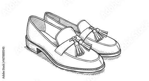 Stylish loafers with tassels illustrated in black and white vector illustration on transparent background  