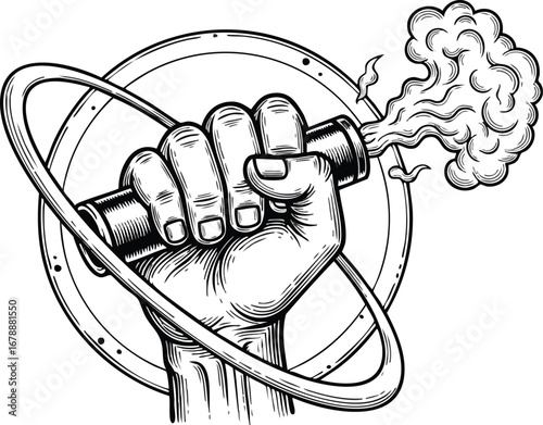 A hand holding a device, emitting smoke, encircled by a stylized orbit, in a graphic design style.