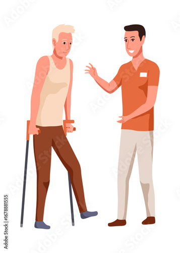 Therapist helping patient during physio therapy and rehabilitation. Physiotherapy treatment for man with physical disabilities. Flat graphic vector illustration isolated on white background