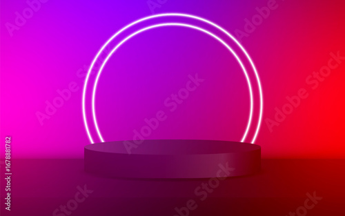 3D round podium backdrop. Abstract geometric composition in a minimalist design. Studio showroom product base, fashion stage for display.