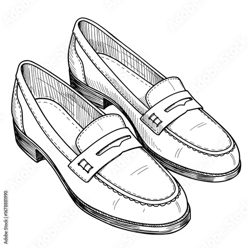 Classic men's loafers illustrated in black and white sketch style  