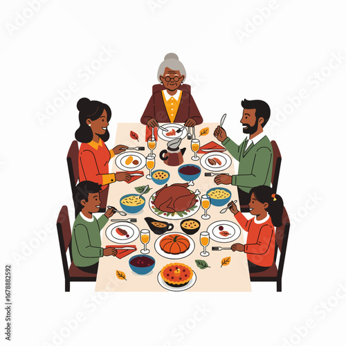 Family Gathering Around Thanksgiving Dinner Table Enjoying Meal Together
