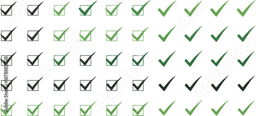 A collection of check marks in varying shades of green and black, some enclosed in squares, arranged on a white background.