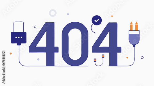 Stylized 404 Error Message Design with Blue Numbers and Electrical Plugs Depicting Connection Issues on White Background