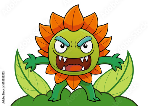 Menacing Cartoon Monster Plant with Orange Petals Ready to Pounce from a Bushy Garden Bed