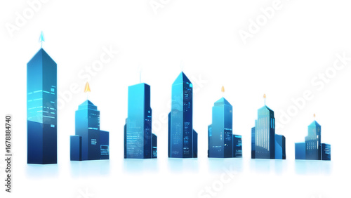 Real Estate Investment and Financial Growth Concept. Futuristic cityscape with blue skyscrapers and glowing peaks