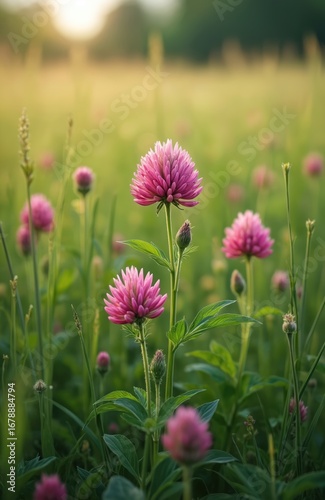 Red clover flowers bloom in rich green meadow, vibrant pink blossoms. Soft focus background with golden sunlight enhances natural beauty of spring field. Wildflowers scattered across landscape add