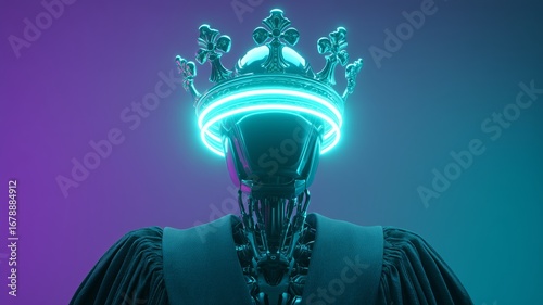 Futuristic AI judge with a crown symbolizes advanced legal technology and its potential impact on justice systems