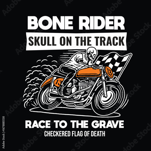 Bold illustration of a skeleton motorbike racer crossing the finish line with a checkered flag of doom