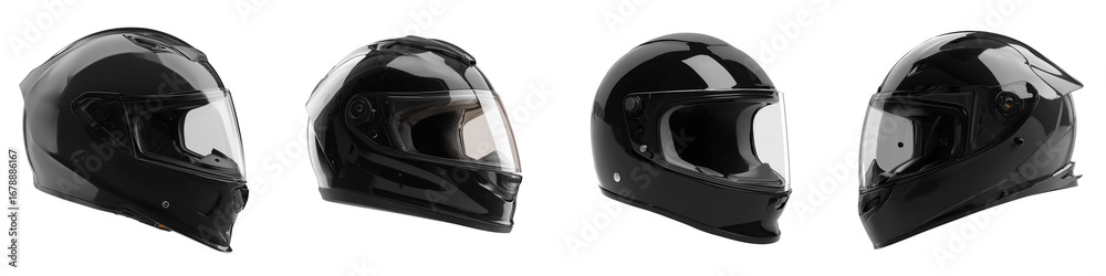 Fototapeta premium Set of glossy black motorcycle helmets, wide-angle photography, biker protective headgear, modern riding safety helmet, high-shine motorbike helmet design transparent background
