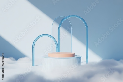 Modern podium with pastel tones and translucent arches perfect for showcasing luxury beauty products online