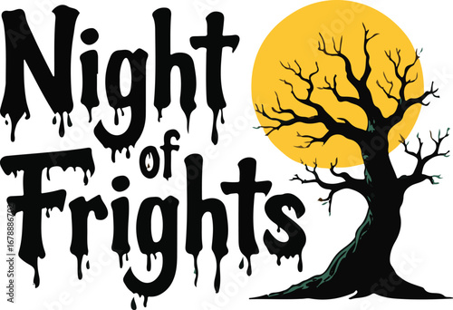 Spooky night of frights halloween graphic with a full moon and bare tree vector