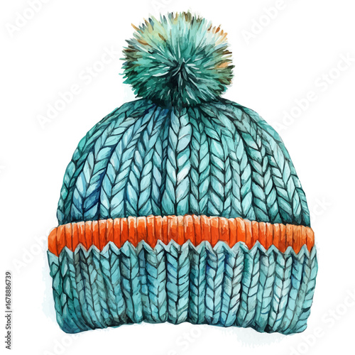 Winter Hat With Pompom, watercolor illustration vector, isolated on a white background.