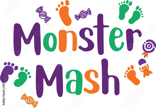 Monster mash halloween party text with footprints and candy decorations fun celebration vector