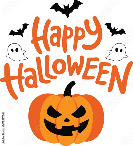 Happy halloween typography with spooky pumpkin bats and ghosts for festive seasonal celebrations vector