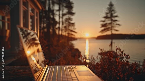 Laptop and the Lake: A sun-kissed laptop sits, reflecting the stunning sunset over a serene lake, suggesting a moment of work blending seamlessly with the beauty of nature.