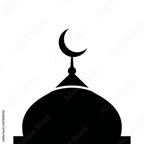 Minimalist silhouette of a mosque dome with a crescent moon, symbolizing Islamic faith and a sacred house of worship