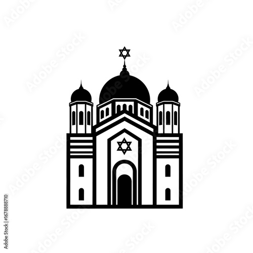 A black and white illustration of a grand synagogue with a prominent dome and Star of David.