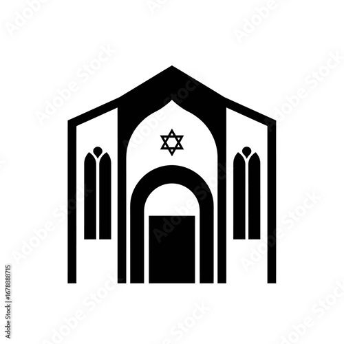 Stylized black silhouette of a synagogue with a prominent Star of David above the arched entrance, featuring tall, narrow windows on either side.