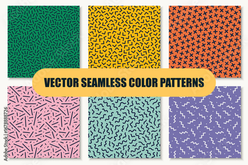 Collection of vector colorful geometric seamless patterns with shapes and symbols. Repeatable unusual trendy backgrounds in fashion retro style 80-90s. Vintage endless prints