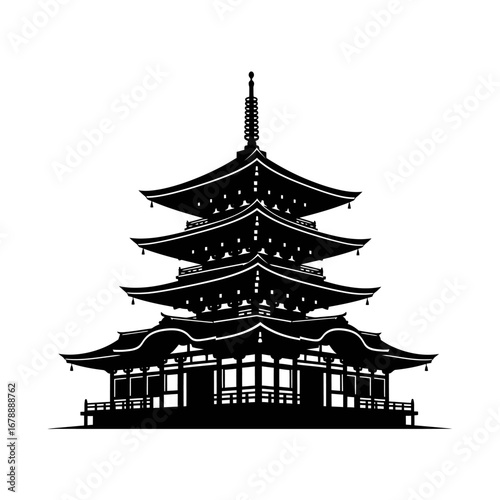 A striking black silhouette of a traditional multi-storied Japanese pagoda against a clean white background.
