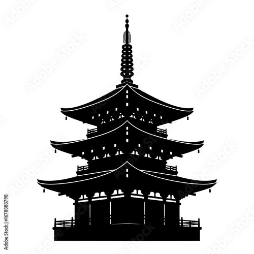 Black and white silhouette of a detailed, multi-tiered Japanese pagoda structure.
