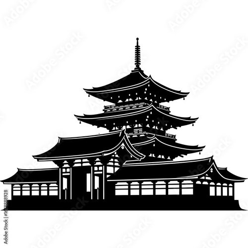 A black and white silhouette illustration of a traditional multi-tiered Japanese pagoda temple complex against a white background.
