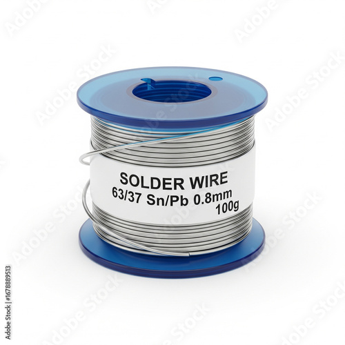 Spool of 63/37 tin-lead alloy solder wire used for electronics repair and assembly, isolated on a white background